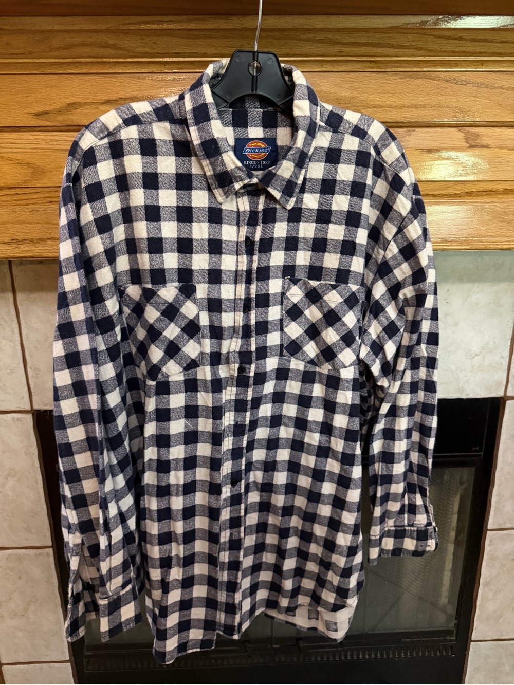 Dickies Navy and White Check Button-Down Flannel Shirt